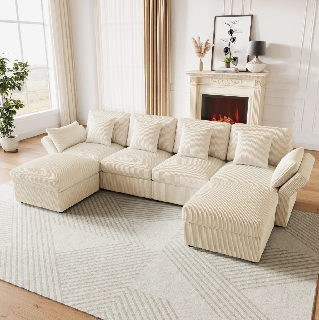 Divano angolare modulare a U in velluto a coste beige con pouf e braccioli regolabili