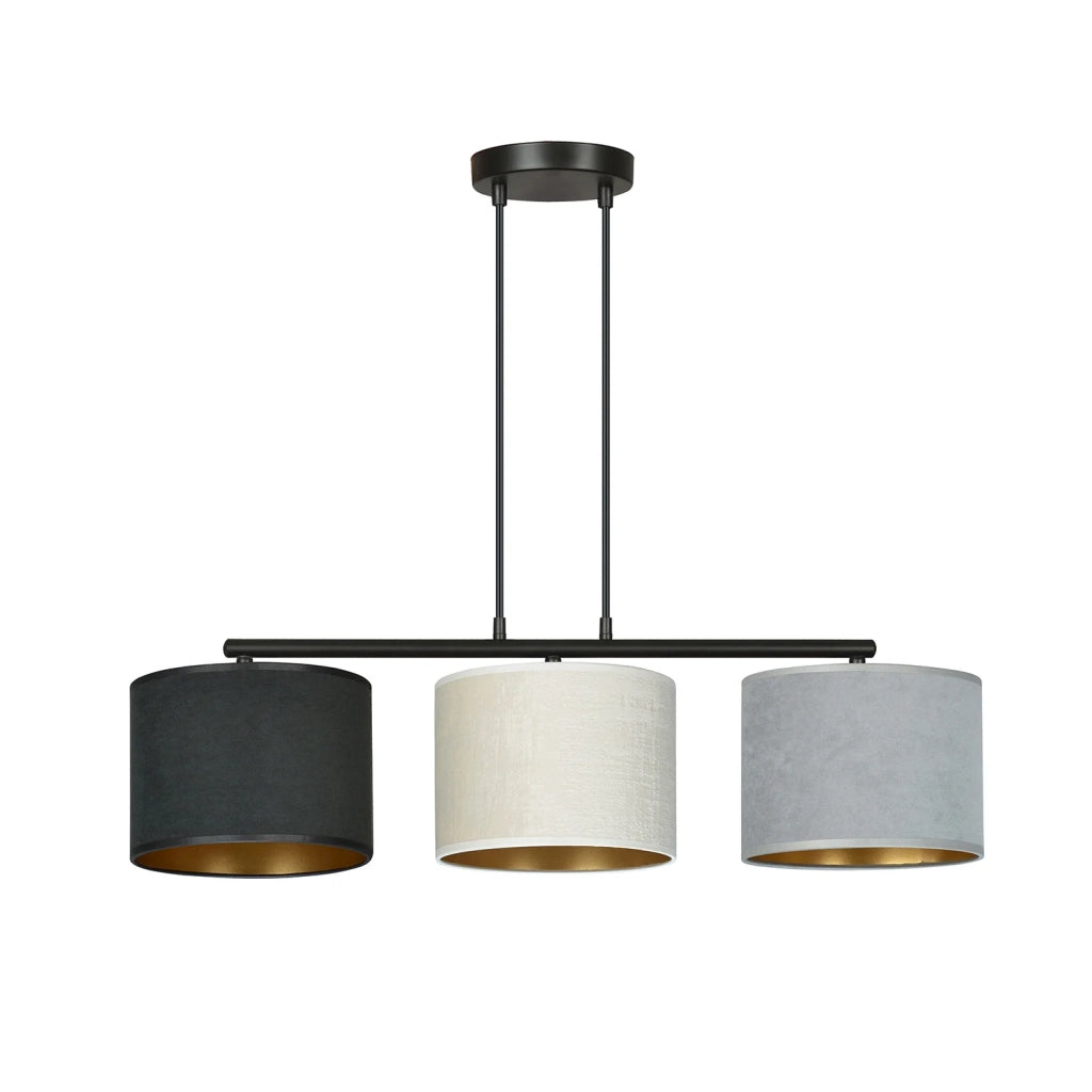 Lampadario 3 Luci Ganesha In Acciaio Nero E Paralumi In Tessuto Multicolore
