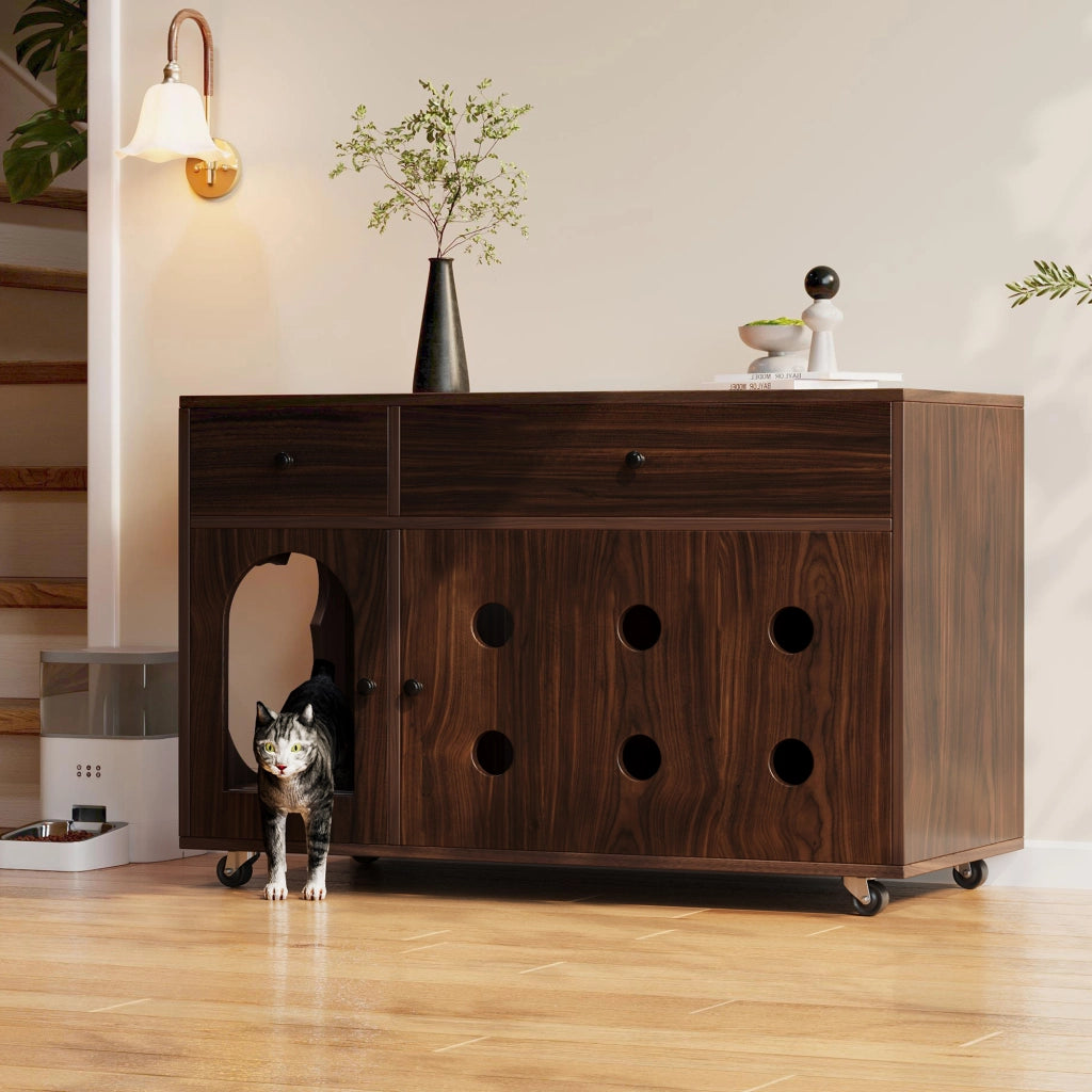 Mobile copri lettiera per gatti con 2 cassetti e vaschetta estraibile, per soggiorno, in MDF, noce, 100 × 45 × 66 cm