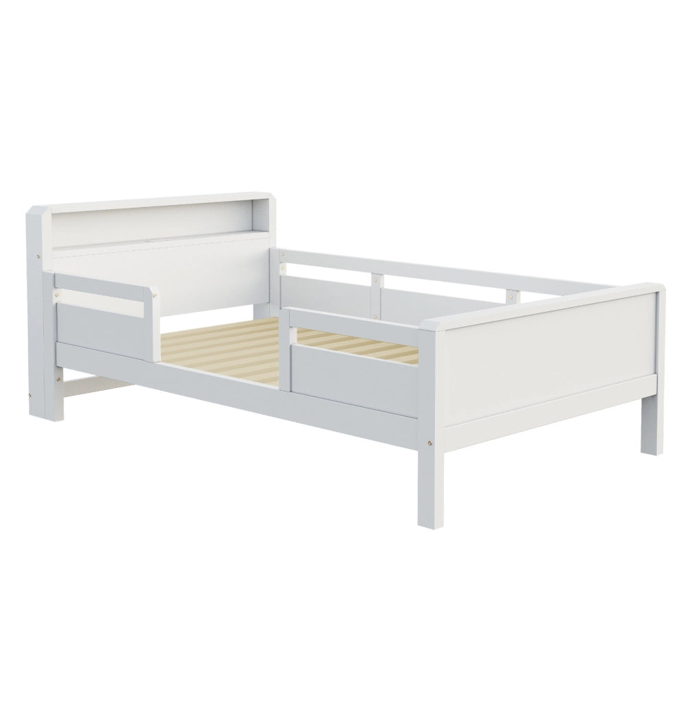 Letto singolo per bambini ULEVR 90x200 cm con LED, USB e Type-C, testiera con vano e sponde a griglia