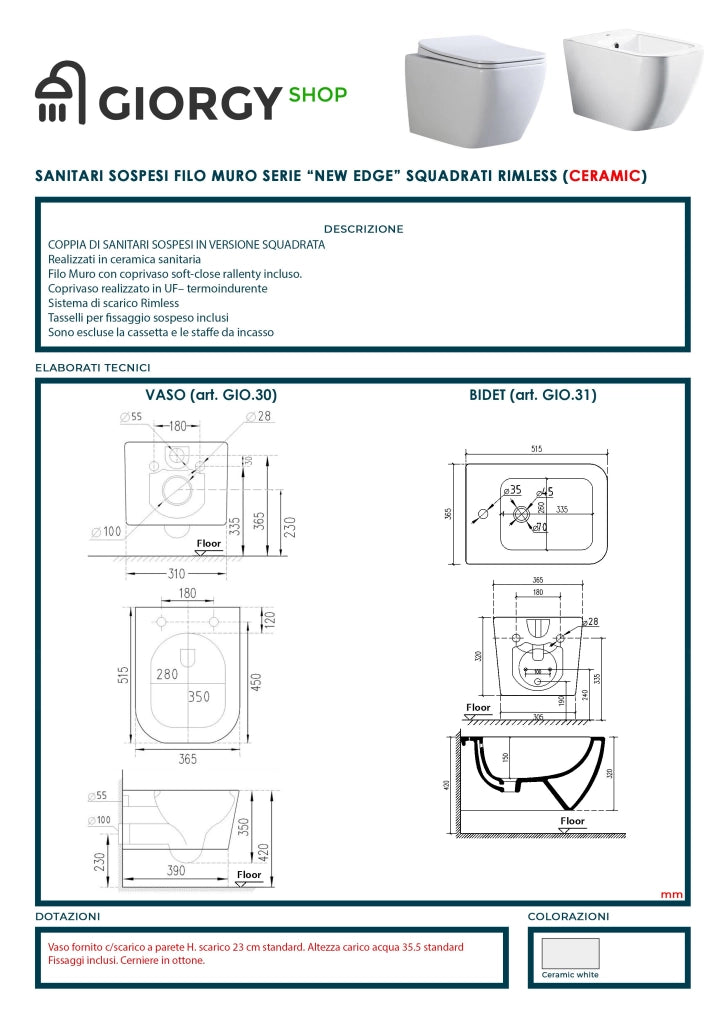 Coppia Sanitari Sospesi Rimless senza brida linea squadrata dimensioni ridotte coprivaso soft-close