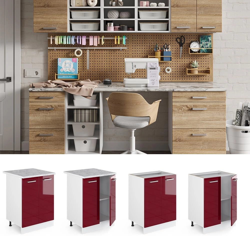 Base universale R-Line, Rosso bordeaux lucido, 60 cm con ante, con piano di lavoro, per la conservazione di utensili domestici e prodotti per la pulizia