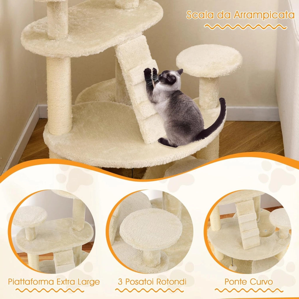 Albero per Gatti, Tiragraffi per Gatti con Condominio, Piattaforma Imbottita, Tiragraffi, Pallina di Peluche Pendente e Scala, Centro Attività per Animali Domestici Interno
