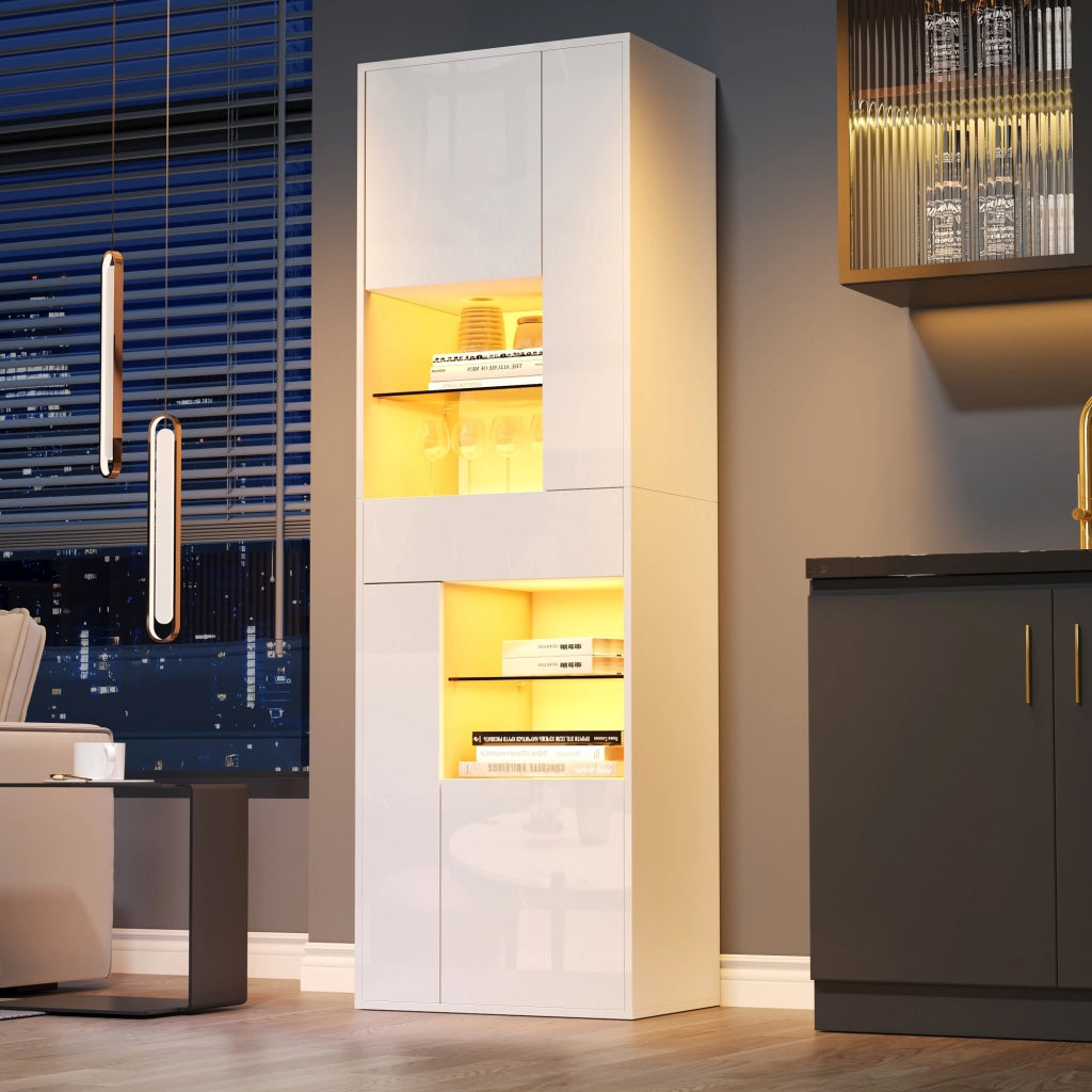 Vetrina con led e 1 cassetto, 4 ante e 11 vani, in truciolare, bianco, per soggiorno, 55 × 38 × 170 cm