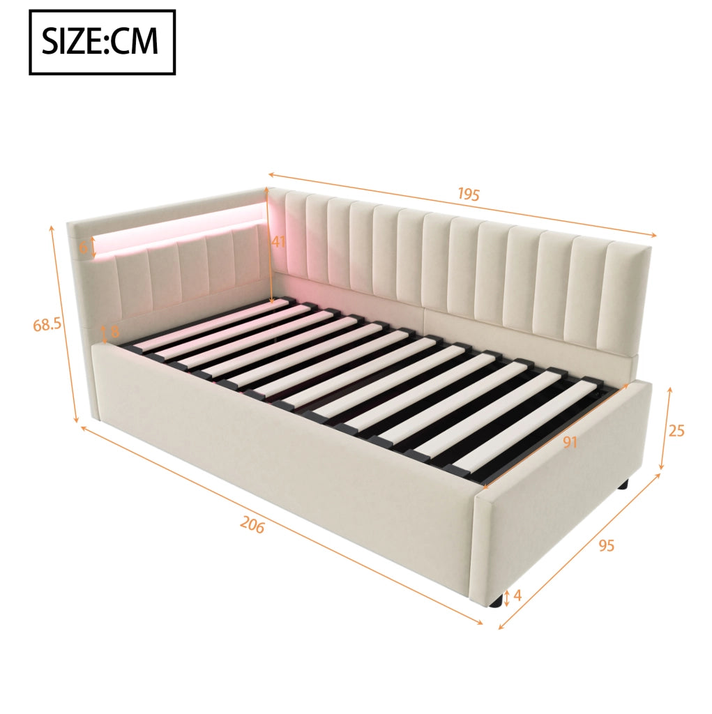 Letto imbottito 90x200 cm con LED e vano idraulico in velluto beige