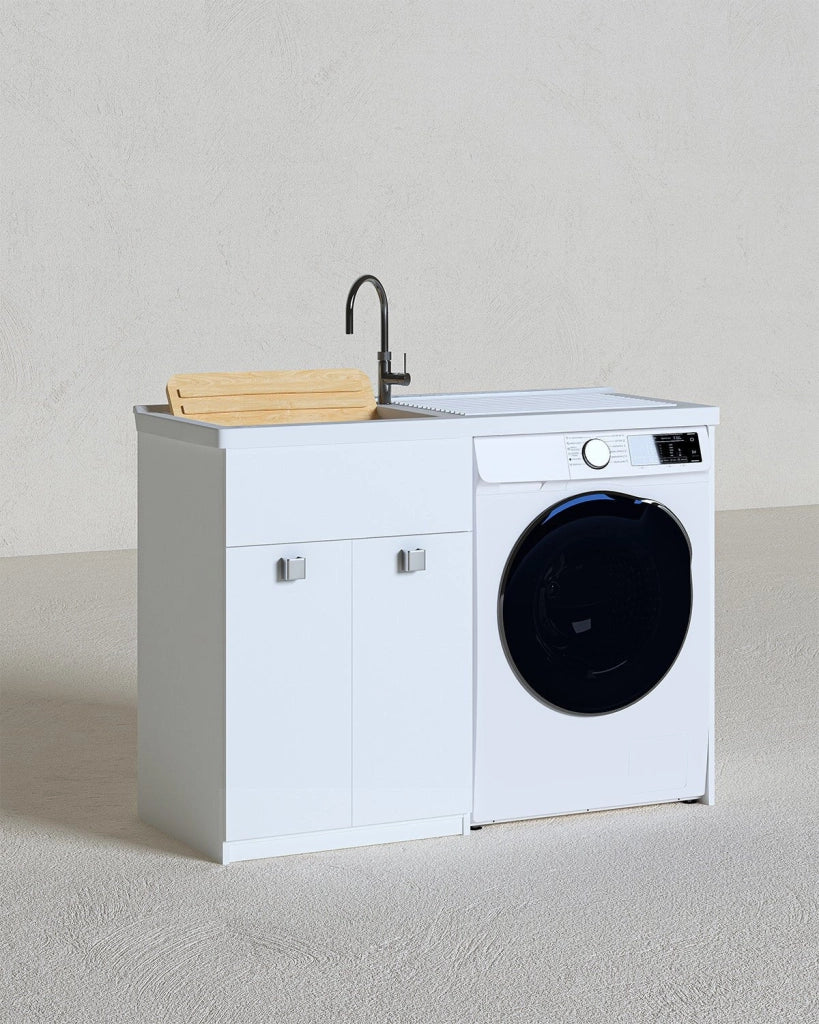 Mobile coprilavatrice Pulsa Dx - Con 2 anta e lavatoio - Contenitore salvaspazio per bagno e lavanderia - Lavatrice non inclusa - Bianco - 124x93x60 cm_