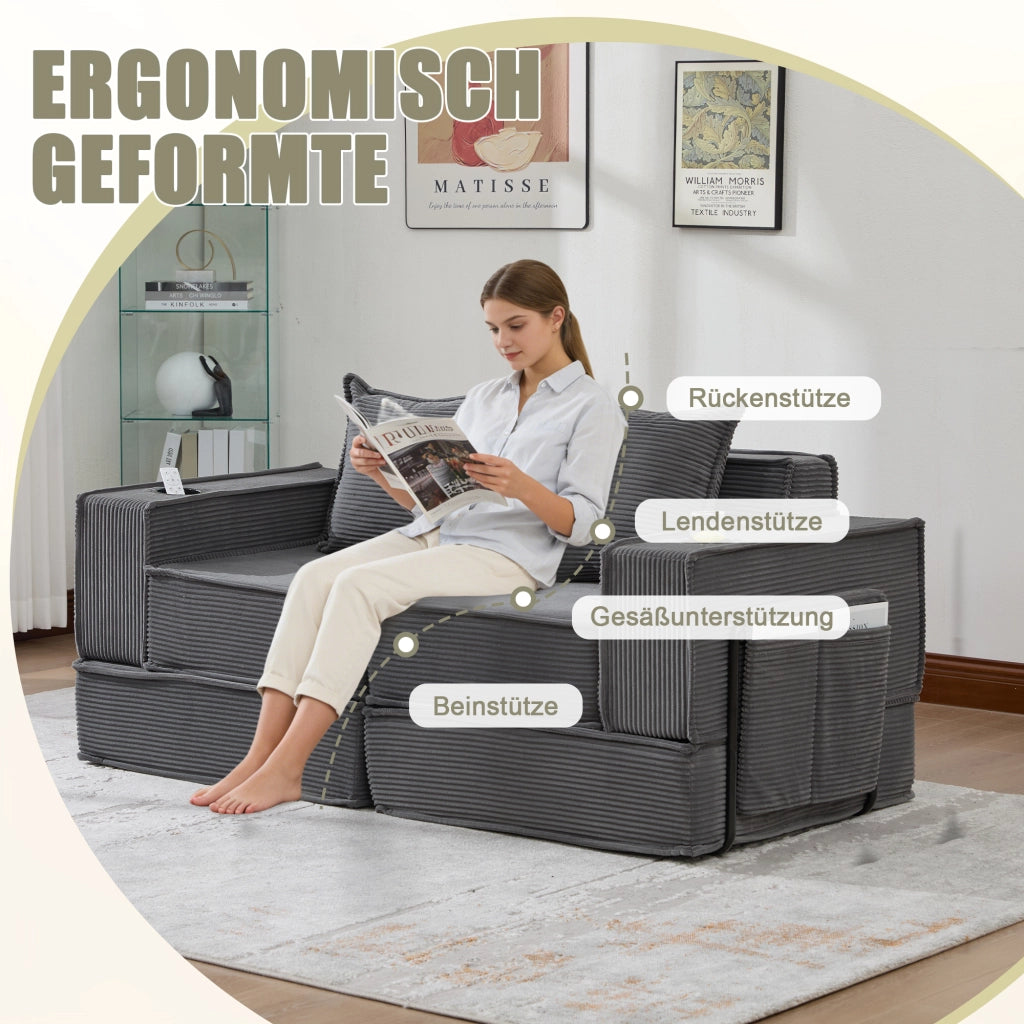 Pouf poltrona modulare con tasche laterali e 2 cuscini; in velluto a coste grigio scuro 162 Ã— 78 Ã— 66 cm
