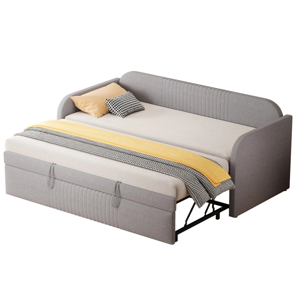Divano letto imbottito estensibile 90/190 cm in tessuto effetto lino grigio chiaro