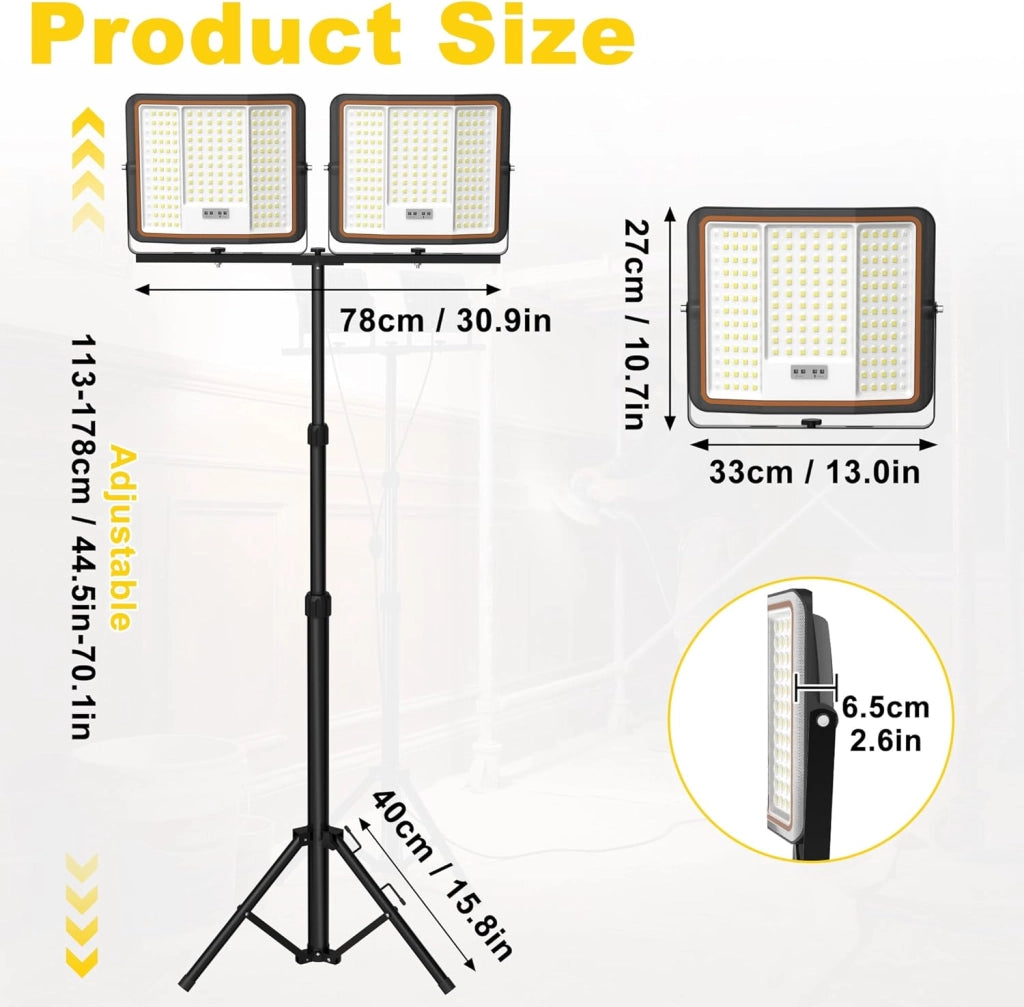 2 faretti a LED a batteria da 200 W, 16000 lm, super luminosi, ricaricabili, con cavo di ricarica USB‑C da 2 m, per garage, officina o cantiere