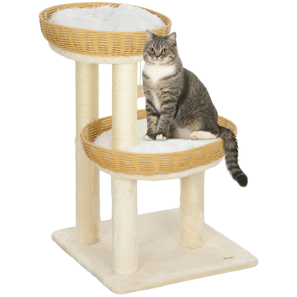 Tiragraffi per gatti con due letti in rattan e cuscini lavabili ¨C Xylo ¨C Beige 75,5 cm