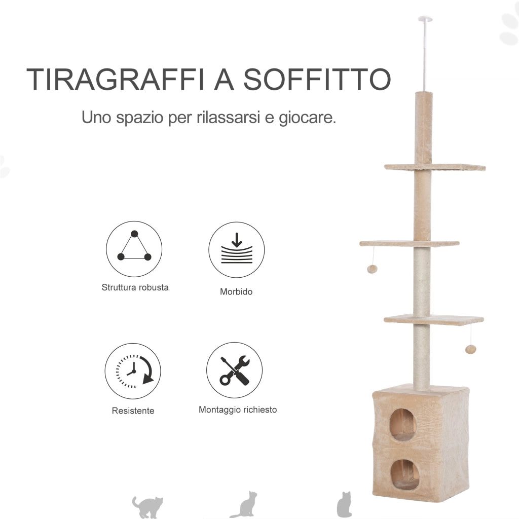 EasyComfort Tiragraffi a Soffitto Multilivello 220-245cm Palestra per Gatti con Cucce, Piattaforme e Corde in Juta, Giallo