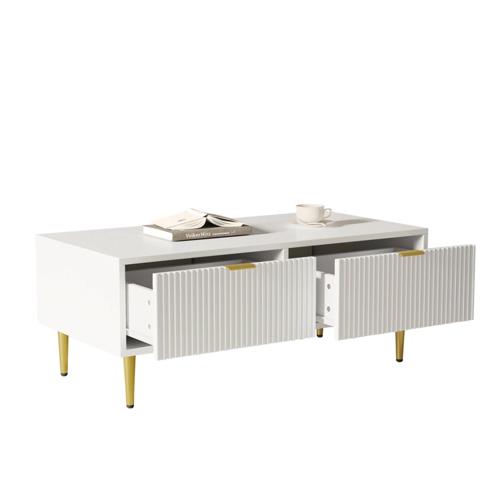 Tavolino basso 100x50x40 cm bianco MDF, 2 cassetti dorati