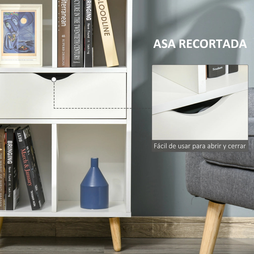 Libreria con cassetto e gambe in legno 6 scomparti aperti ¨C zephmum ¨C 50x29.5x120 cm bianco