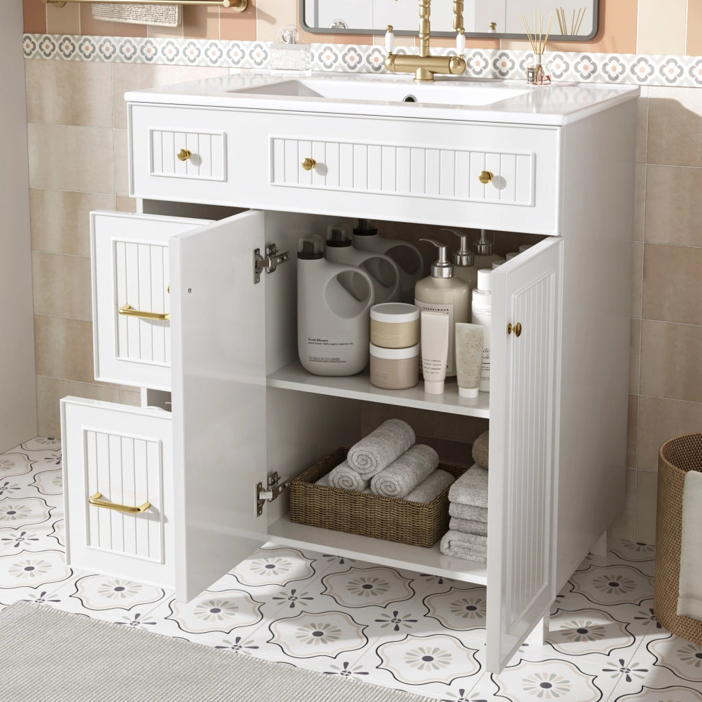 Mobile sottolavabo con lavabo in ceramica, 2 cassetti e 1 anta, piedini in legno massello, per bagno, bianco, 81,7 cm