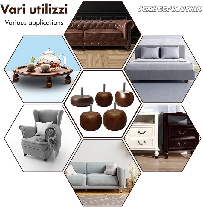 Piedini in Legno Modello Cipolla per Mobili e Divani | Altezza 8cm | Faggio Massello | Finitura Noce