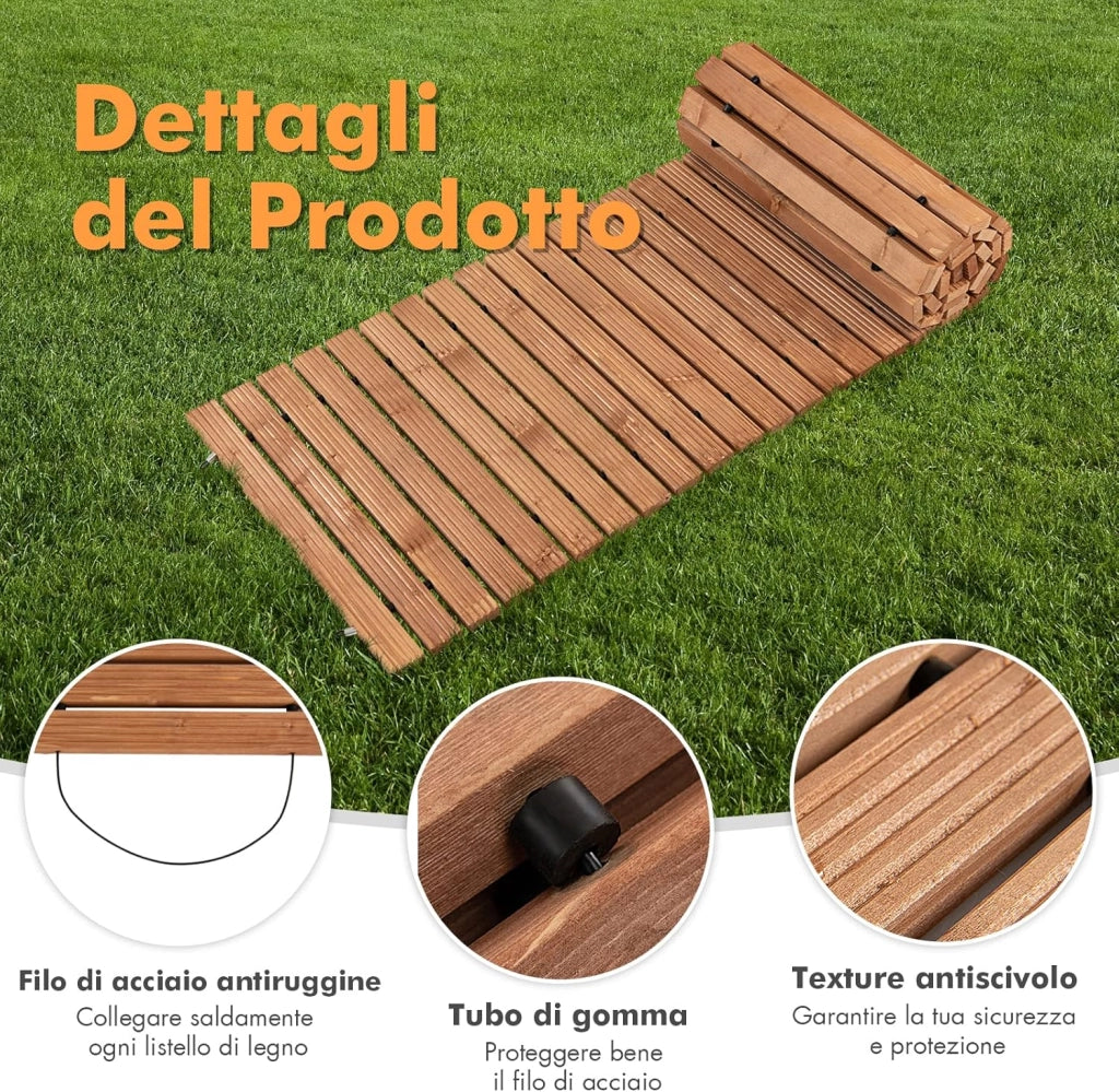 Passerella Arrotolabile per Giardino, Vialetto con Filo di Ferro e Consistenza Antiscivolo Resistente alle Intemperie, Percorso in Legno per Cortile e Spiaggia (245 x 55 x 2 cm)