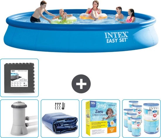 Piscina Rond Opblaasbar Easy Set - 457 x 84 cm - Blu - Inclusa Pomp, Vela Solare, Kit Manutenzione, Filtro, Pavimento in Pietra