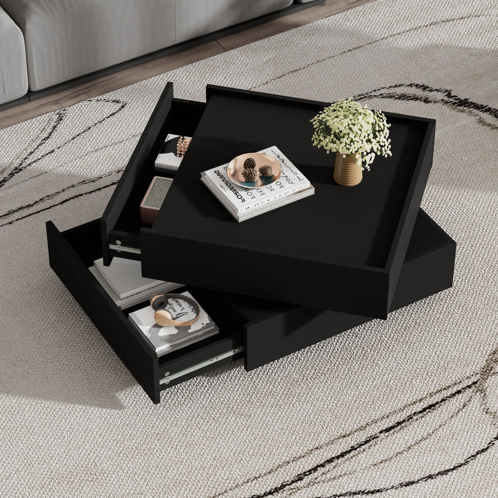 TAVOLINO DA CAFFÈ Girevole 360° 60x60x38 cm Nero con 2 Cassetti