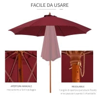 Ombrellone da Giardino 2.5x2.5 m con Tettuccio Antivento in Poliestere Rosso e Palo in Legno
