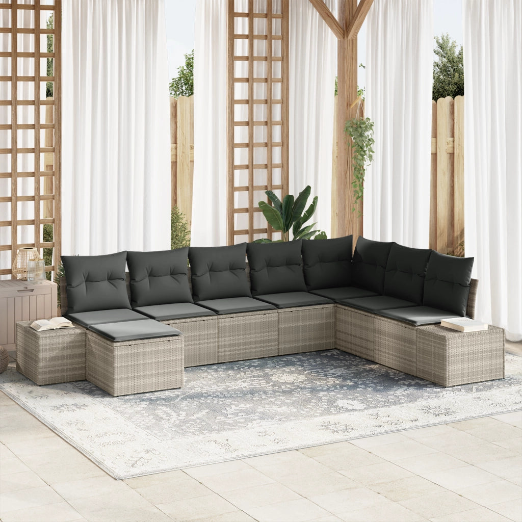 Set Divano da Giardino da 8 pezzi con Cuscini Grigio Chiaro in Rattan Polietilene