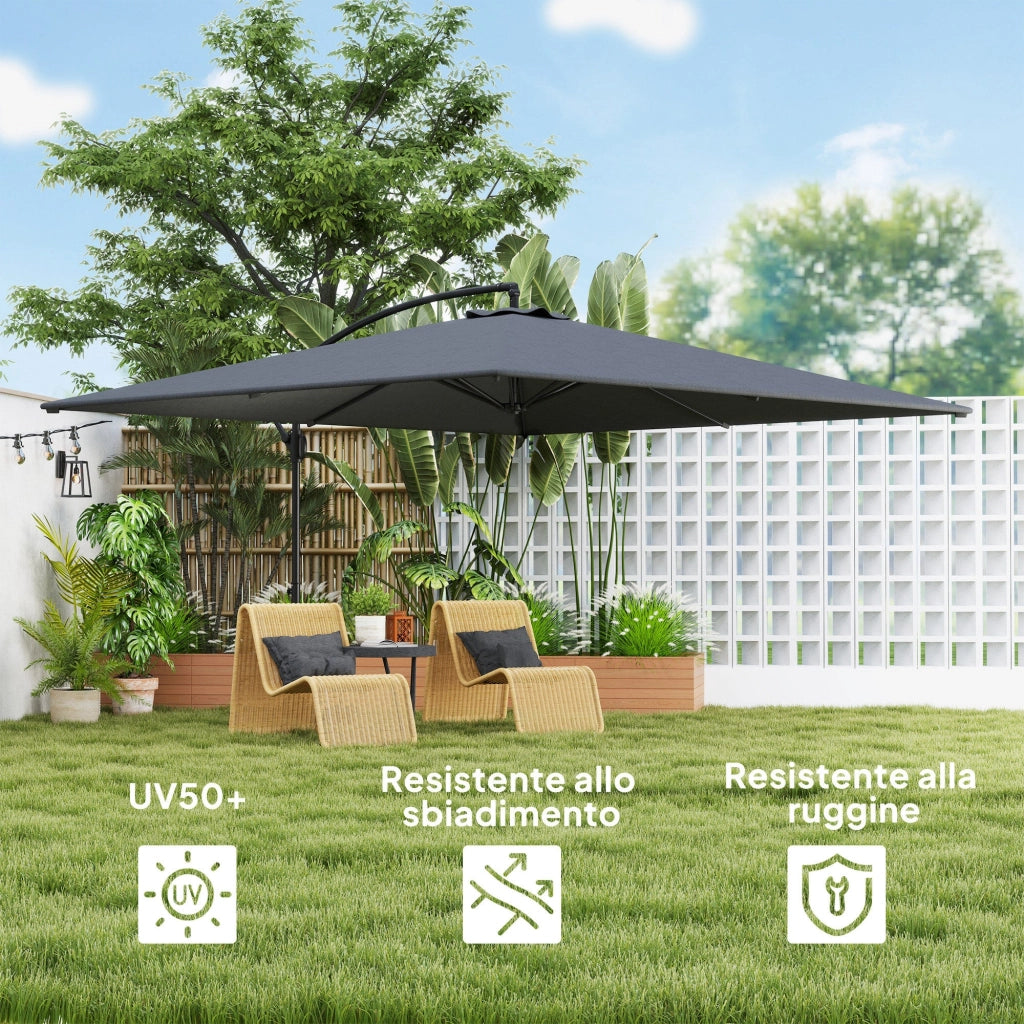 Ombrellone da Giardino a Braccio 355x390x250H cm Girevole a 360° e Inclinabile Grigio