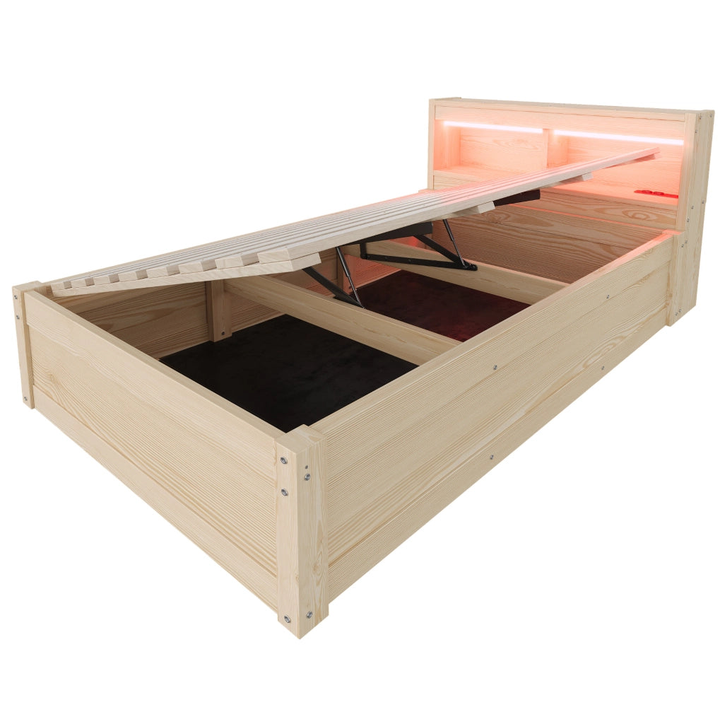 Letto singolo multifunzionale 90x200 cm con LED, presa integrata e vano contenitore