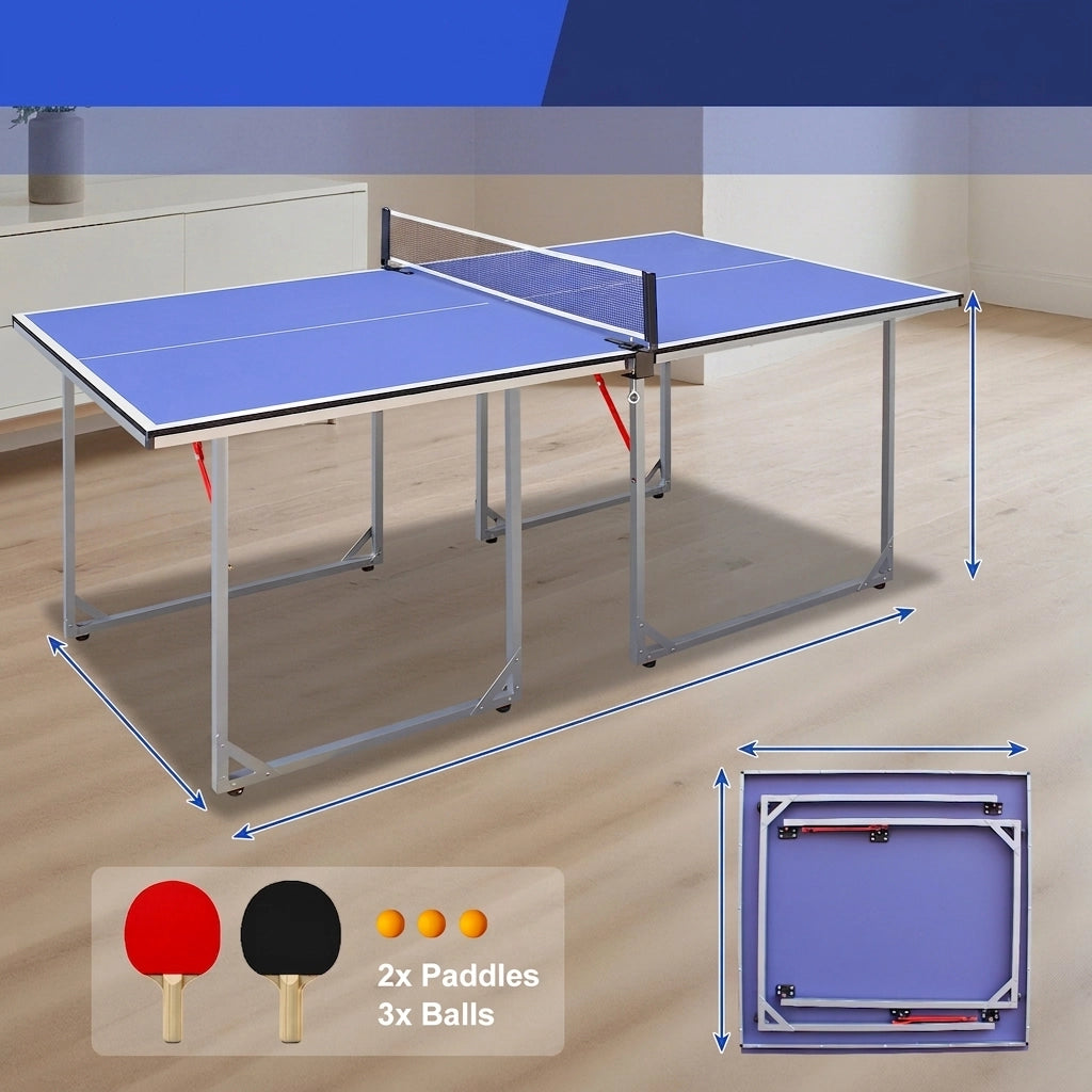 Tavolo da Ping Pong Pieghevole 182×91×76;2 cm 6 FT con Rete; 2 Racchette e 3 Palline; Portatile Blu