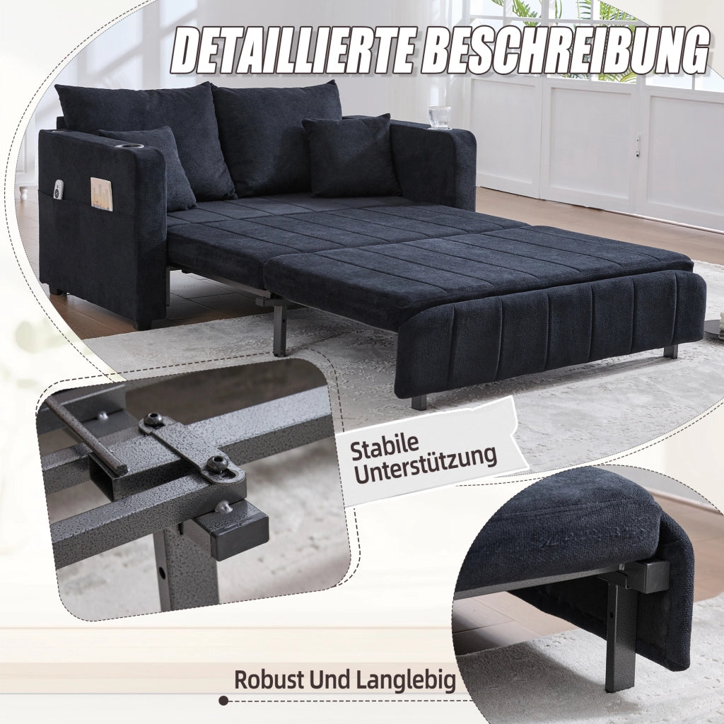 OKWISH Divano Letto 2 Posti con Tasca Laterale e 4 Cuscini, Seduta in Schiuma ad Alta Densità, Ciniglia, Nero