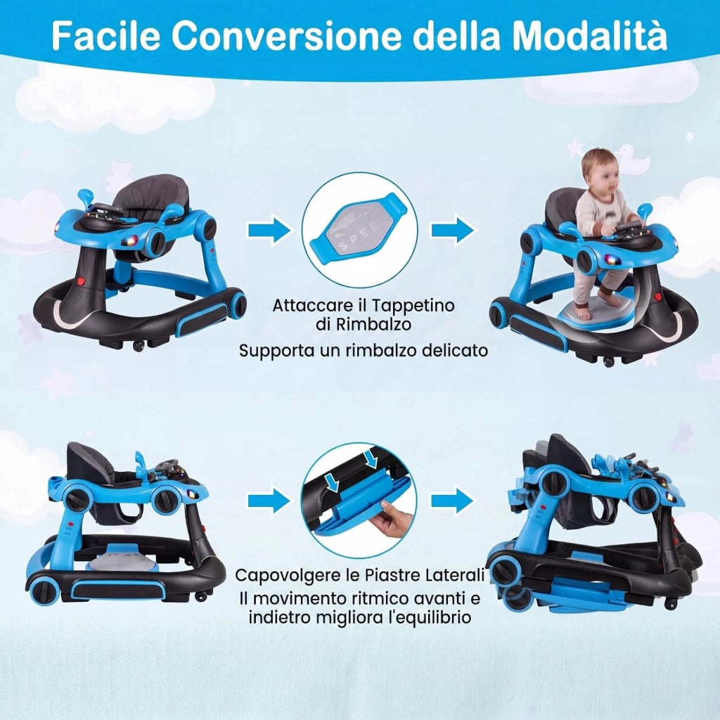 Girello per Bambini 6-in-1 Evolutivo, Centro Attività Pieghevole con Maniglia, Regolazione Altezza/Velocità, con Musica, Luci Tenda, per Neonati 6-18 Mesi (Nero+Blu)