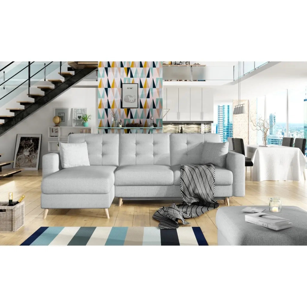 Divano ad angolo trasformabile HASGARD 3 posti grigio 248x162 cm - con vano contenitore e piedi in legno