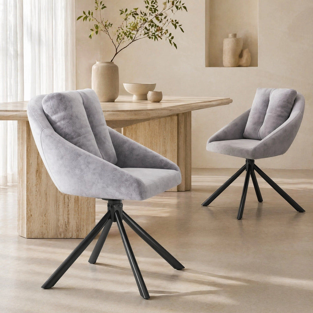 Set 2 sedie girevoli da pranzo in velluto grigio con struttura in metallo e rotazione 360°