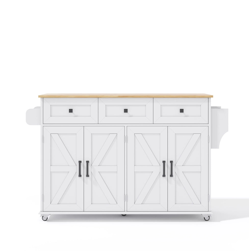 Isola da cucina 140x43(70)x90.5 cm con piano pieghevole; 4 ante e 3 cassetti in MDF bianco e naturale