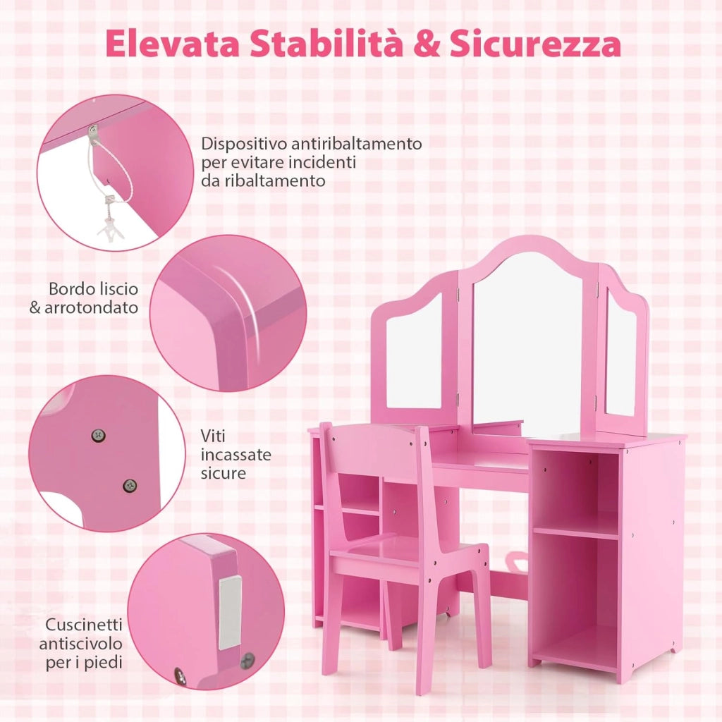 Set Toeletta per Bambini 2 in 1, Set Postazione Trucco in Legno con Sedia, Specchio a 3 Ante Rimovibile e 4 Scomparti, per Bambini 3+ Anni (Rosa)
