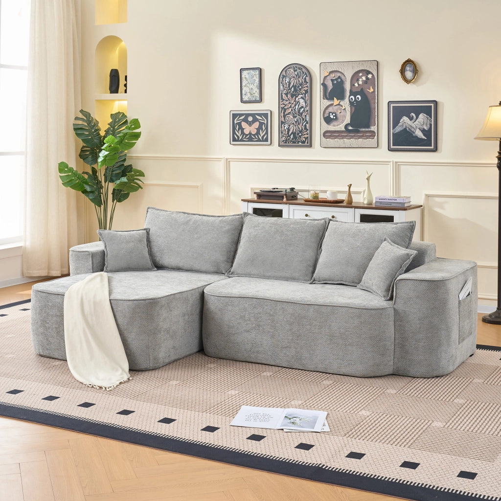 Divano Angolare Modulare 3 Posti con Chaise Longue Senza Montaggio; Seduta Profonda XXL; Ciniglia Grigio