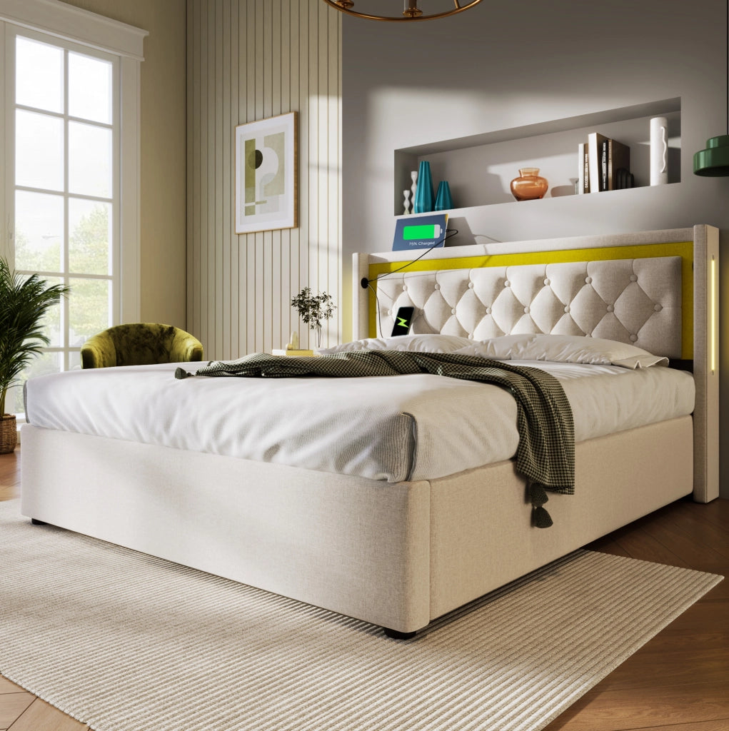 Letto matrimoniale 140x200 con materasso; LED; USB e Type-C; contenitore; beige