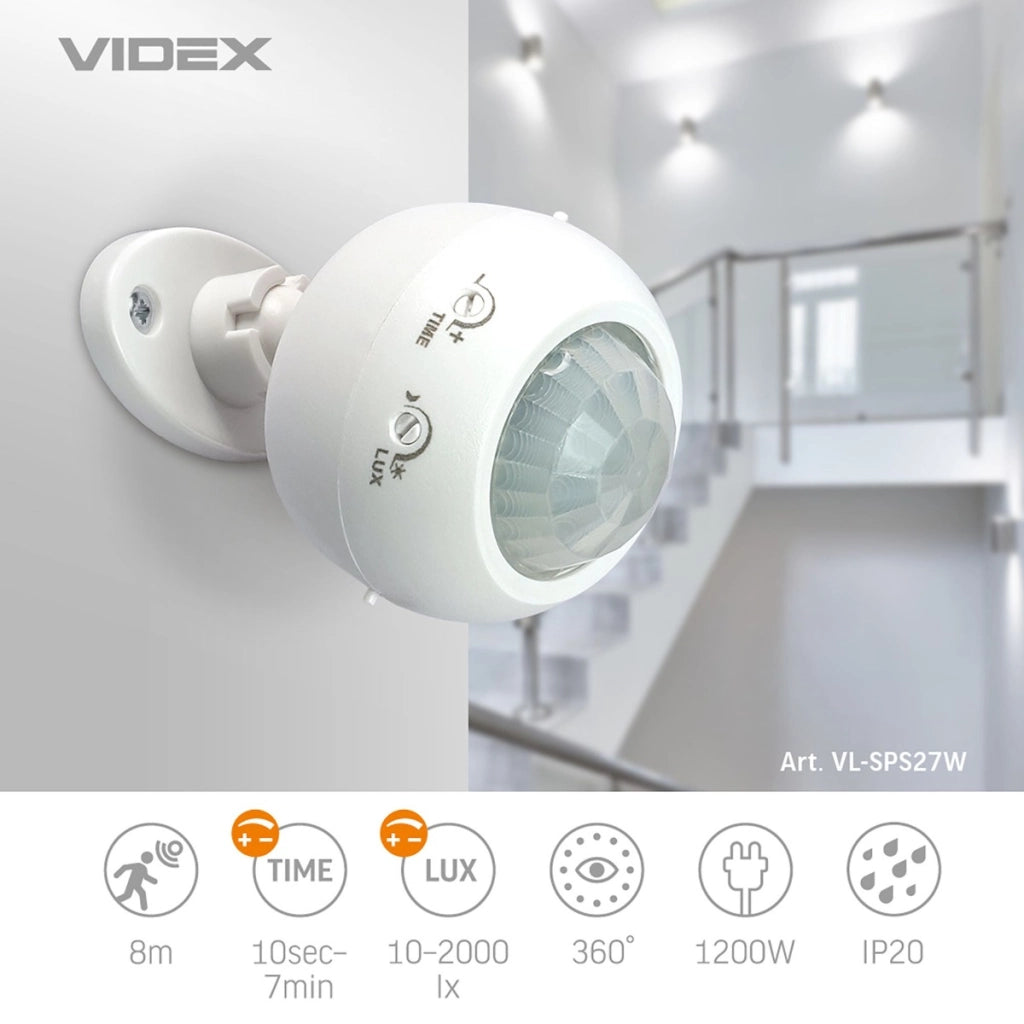 Sensore PIR movimento/lux Videx 1200W IP20 bianco 360°