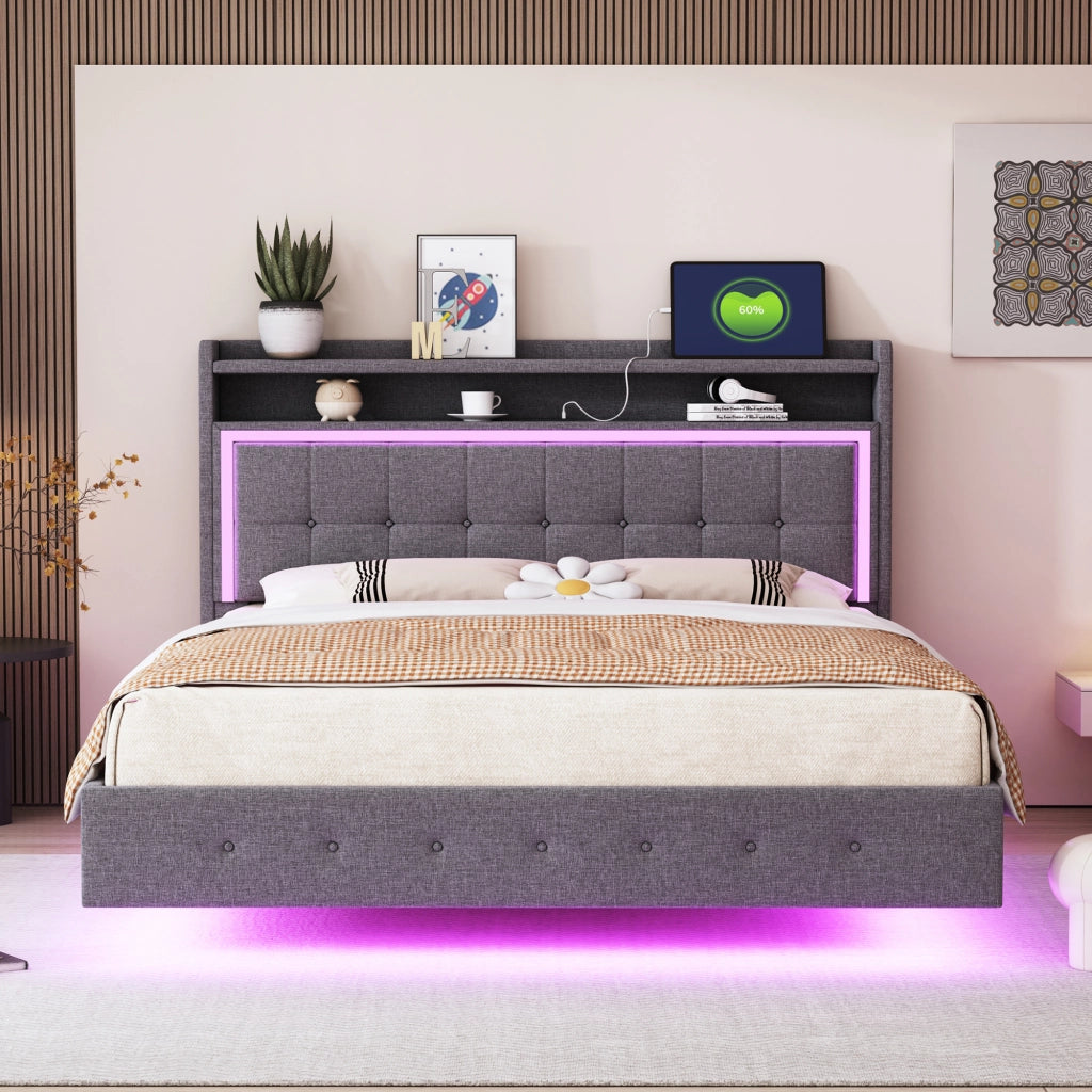 LETTO Imbottito 140x200 cm Grigio con USB e LED