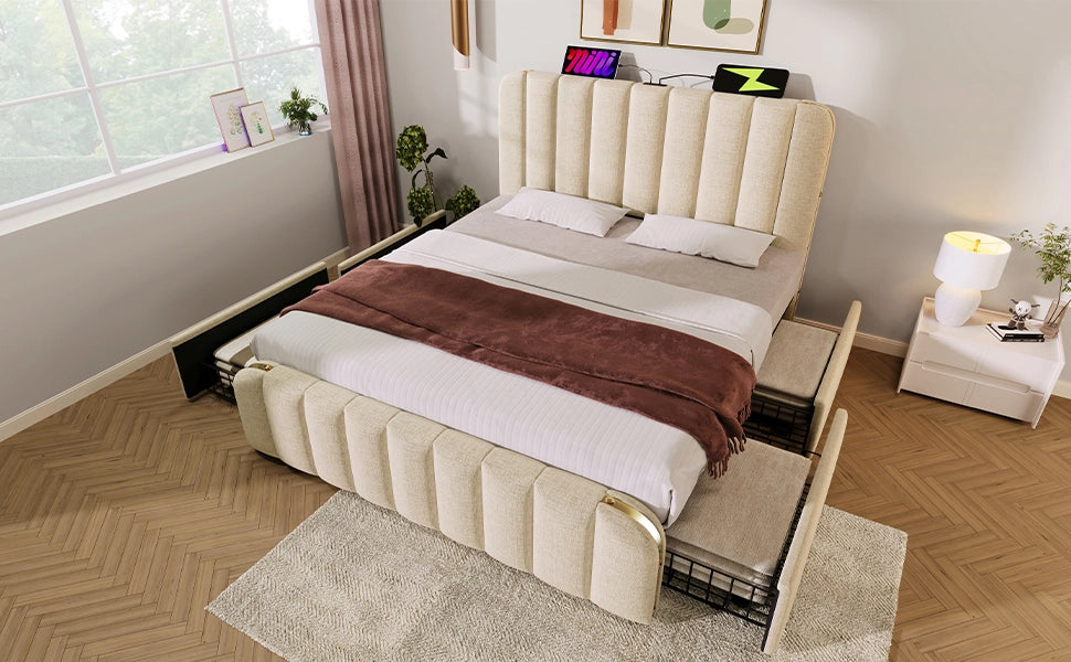 Letto matrimoniale 140 × 200 cm con 4 cassetti, USB e Type-C, materasso incluso, in lino beige