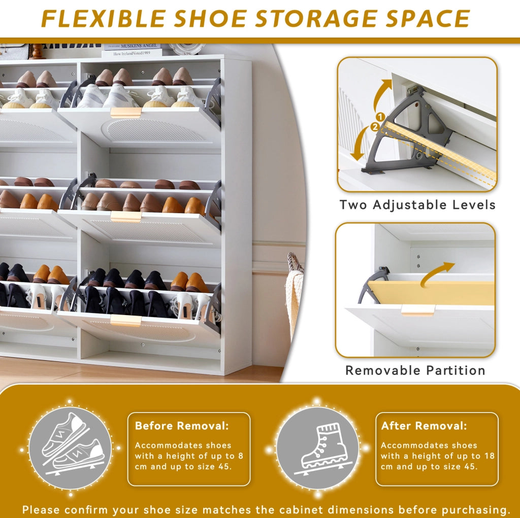 Mobile portascarpe bianco con 6 ribalte; struttura sottile 118x25x115 cm in MDF e truciolare