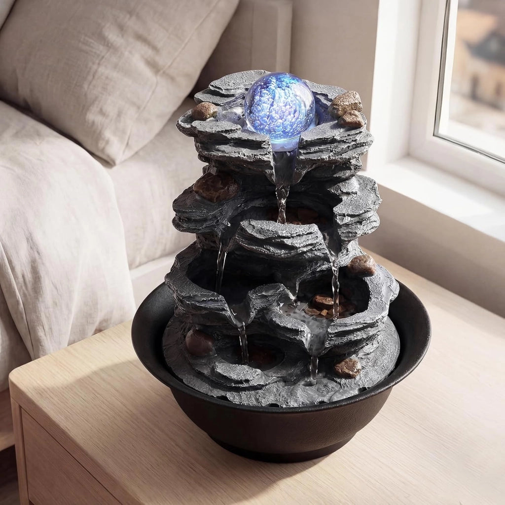 Fontana Zen da Interno, Fontana da Tavolo a Cascata con Luce LED, Pompa Silenziosa e Velocità dell'Acqua Regolabile, Fontanella Decorativa per Soggiorno, Ufficio e Camera da Letto (Modello 2)