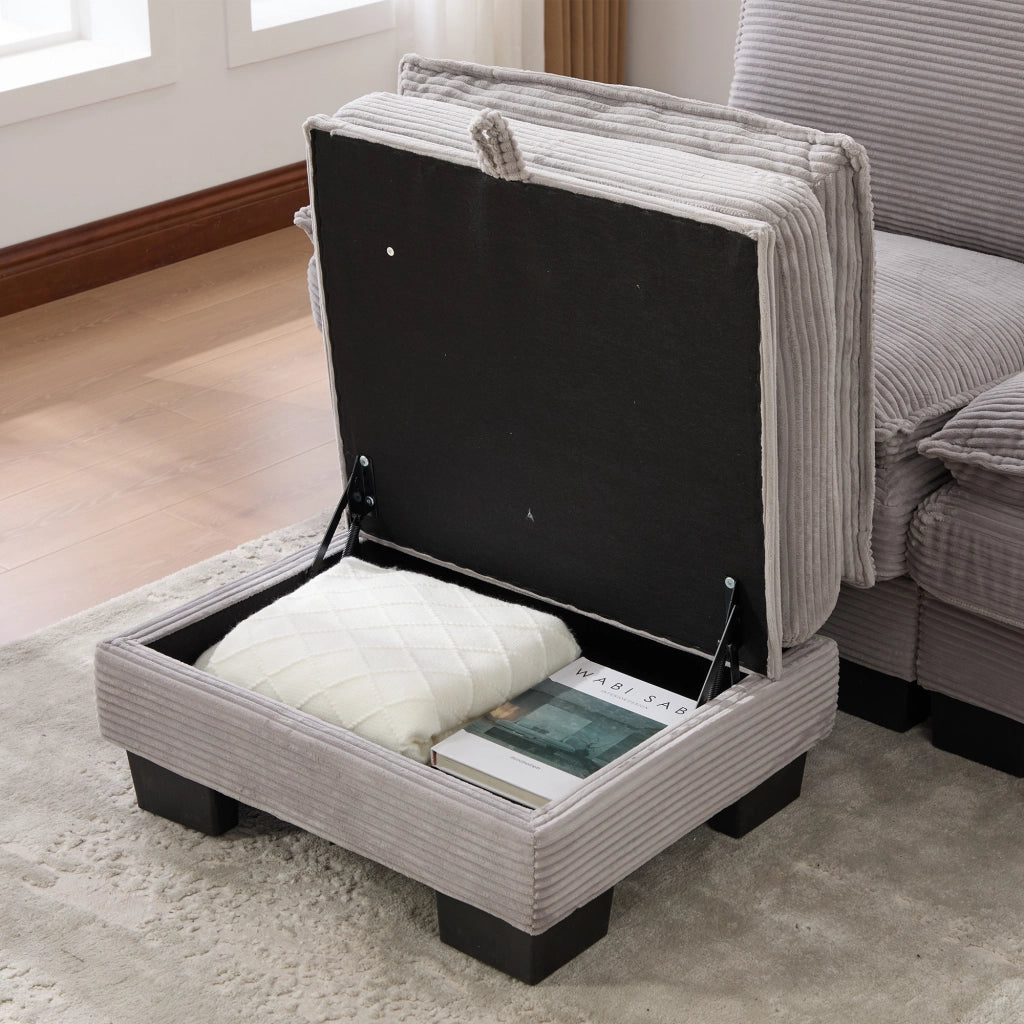 Divano Dritto Modulare a 3 Posti con USB-C, Tasche laterali e Pouf, in Corduroy, Grigio Chiaro