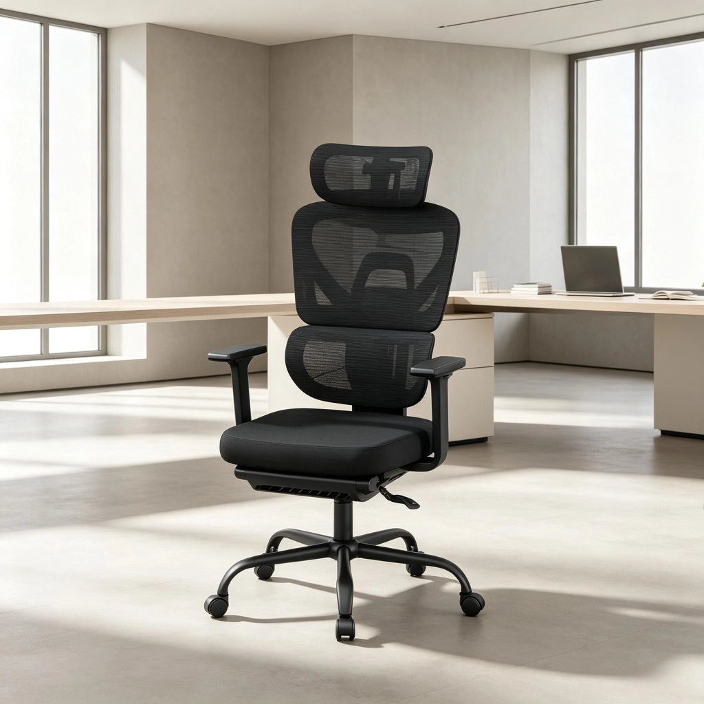 Sedia da ufficio ergonomica girevole con schienale regolabile poggiapiedi pieghevole e braccioli 3D in rete nera