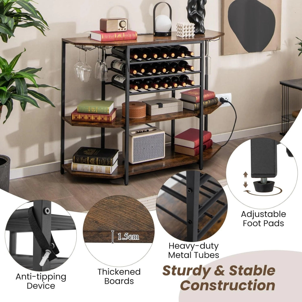 Credenza con portabottiglie per 21 bottiglie, tavolino da cucina sottile con 2 porte USB e 2 prese, portabottiglie a 3 livelli con supporto in vetro, tavolo industriale per vino, 120 x 40 x 92