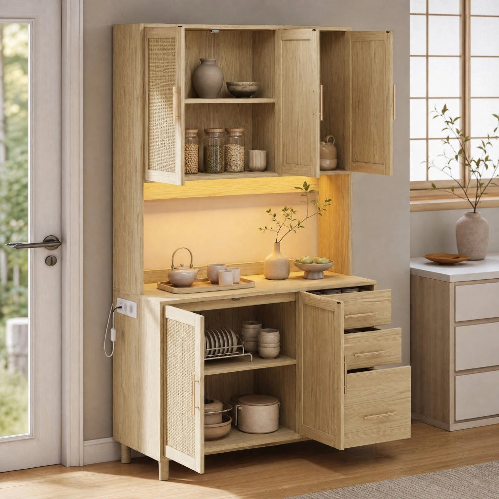 Credenza cucina 183 cm con LED APP, prese USB e schuko, 3 cassetti, ripiani regolabili, finitura naturale