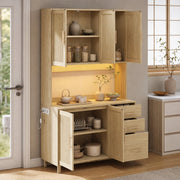 Credenza cucina 183 cm con LED APP, prese USB e schuko, 3 cassetti, ripiani regolabili, finitura naturale