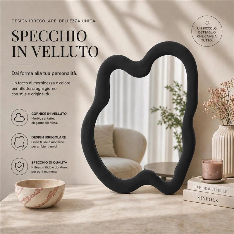 SPECCHIO ONDULATO IN VELLUTO CON GANCI PER APPENDERE DIMENSIONI 70X90X4.5CM - LINEA: CIELO COLORE NERO