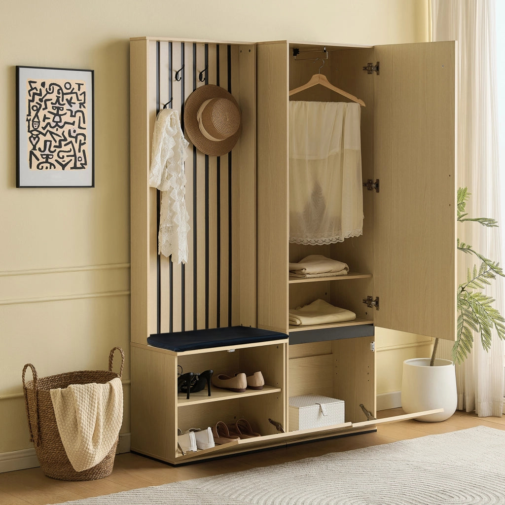 Mobile d'ingresso con specchio; panca; 4 ganci; vano scarpe e barra appendiabiti estraibile; in MDF; legno