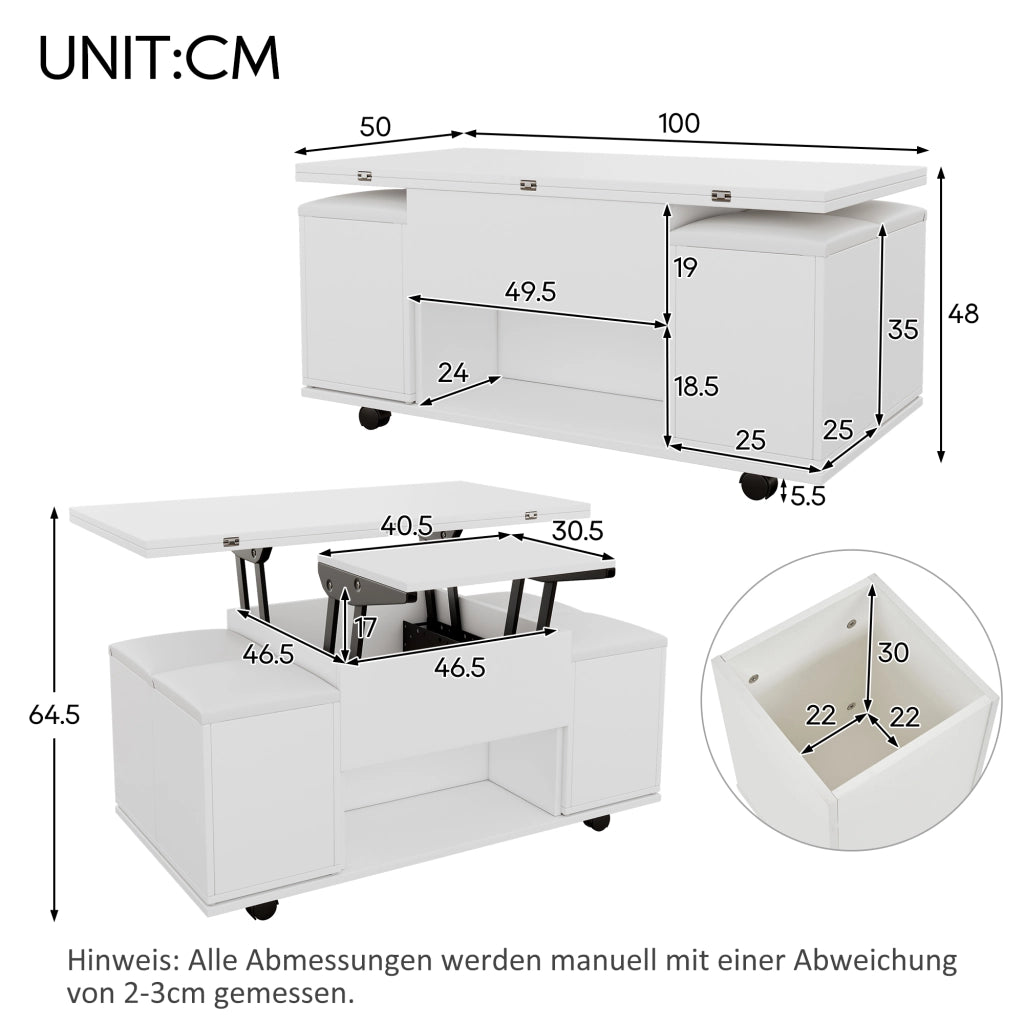 Tavolino da salotto 100x100x63.5 cm; piano regolabile con 4 sgabelli; truciolare bianco