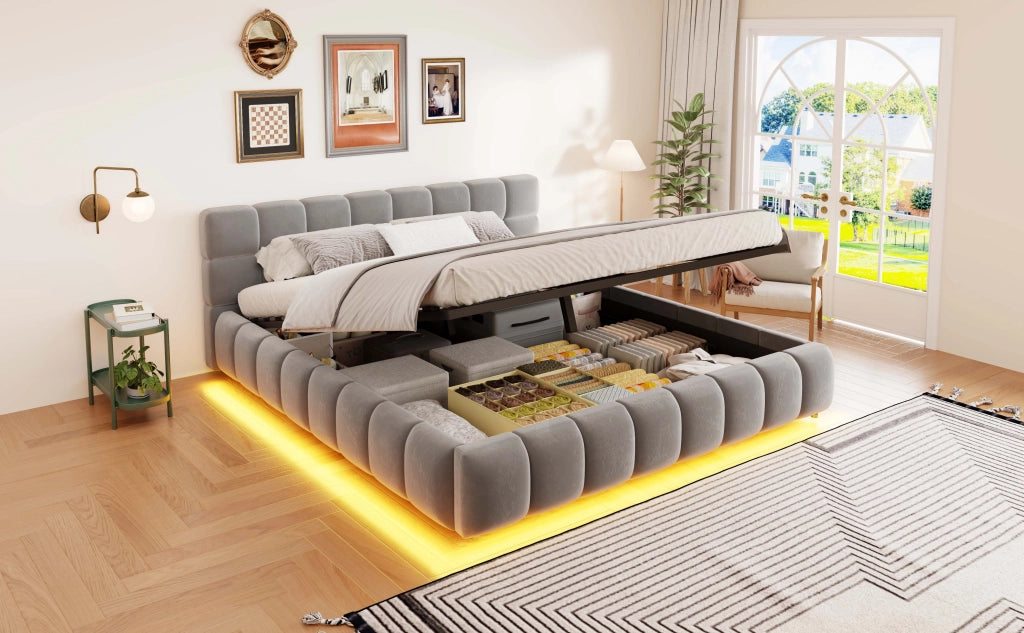 Letto imbottito con contenitore idraulico e LED, 160x200 cm, velluto grigio