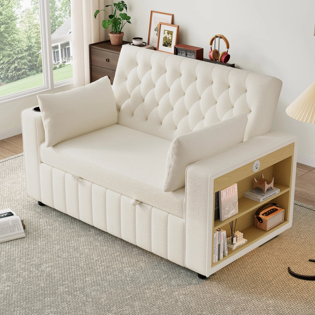 Divano letto 2 posti con schienale regolabile; porte USB; portabicchieri e 2 cuscini in ciniglia beige 140 Ã— 137 Ã— 84 cm